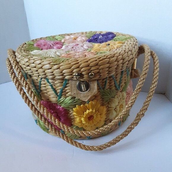Vintage 70's Straw Floral Hats/ Tote Bag - Picture 1 of 12